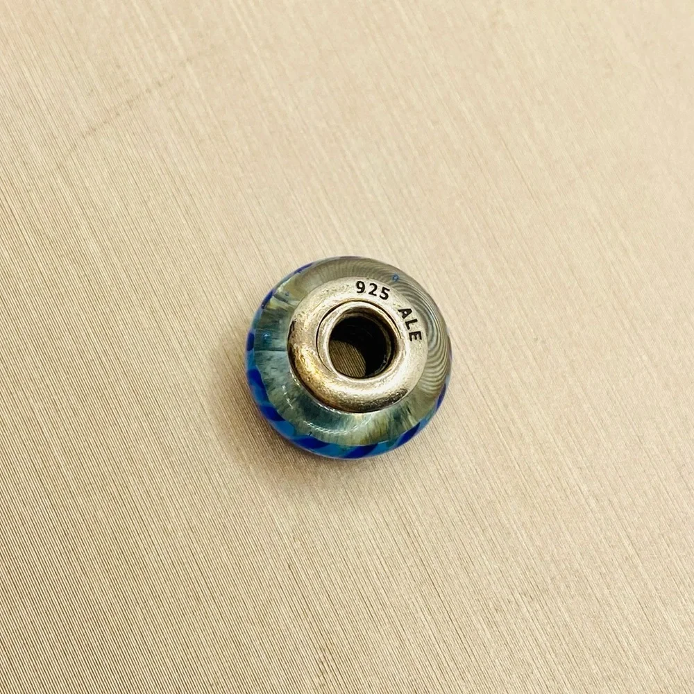 EUC Pandora 790611 Striped Teal & Blue Murano Glass Charm